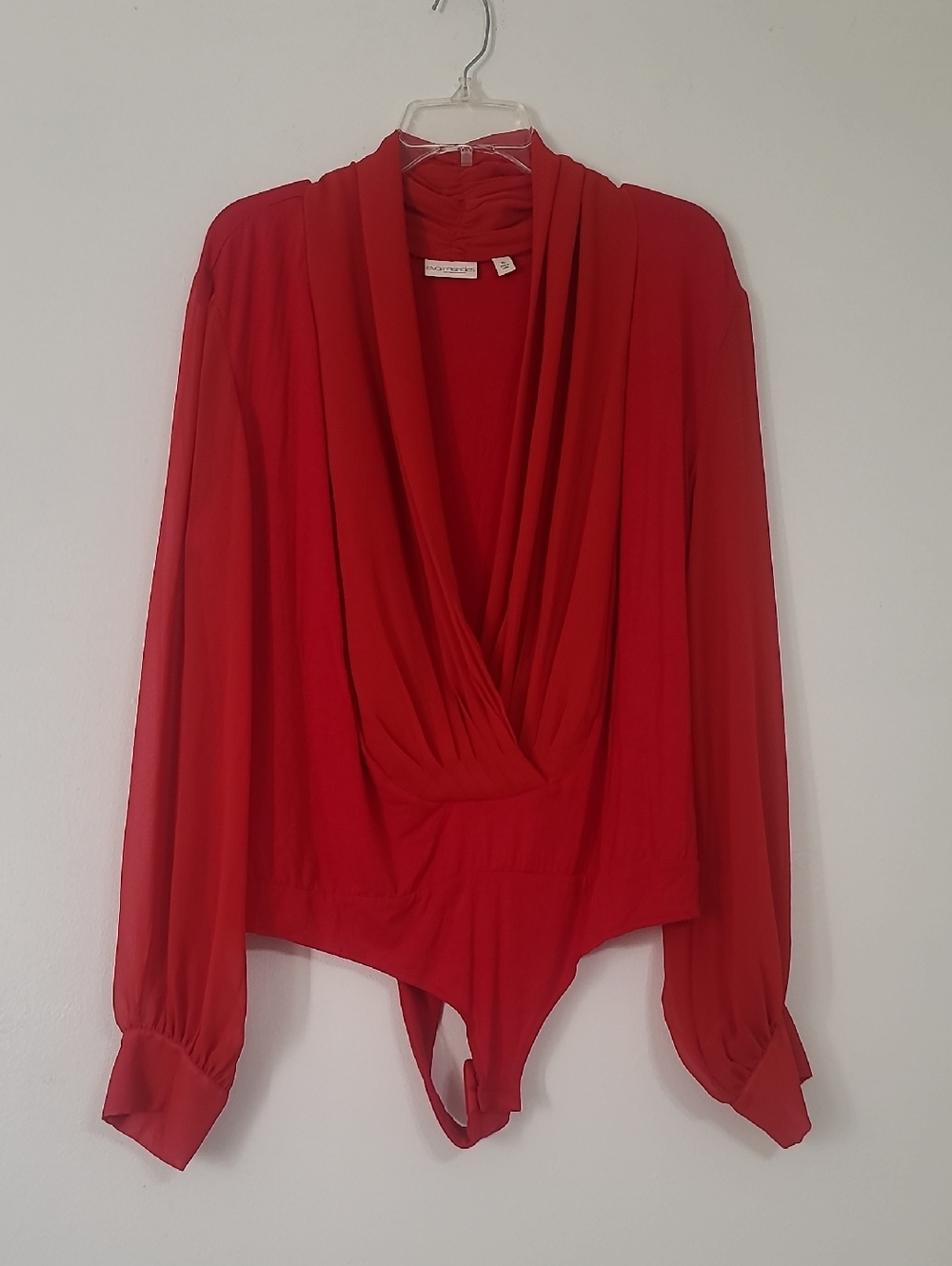 Red Draped Long-Sleeve Bodysuit Top